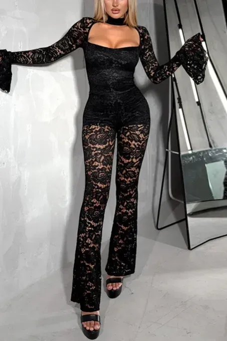 Black Lace Cut-Out Jumpsuit - Image 1