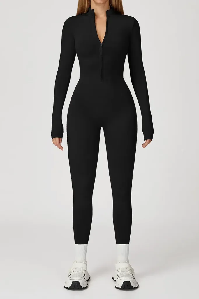 Black Solid Zipper Neck Jumpsuit - Image 1