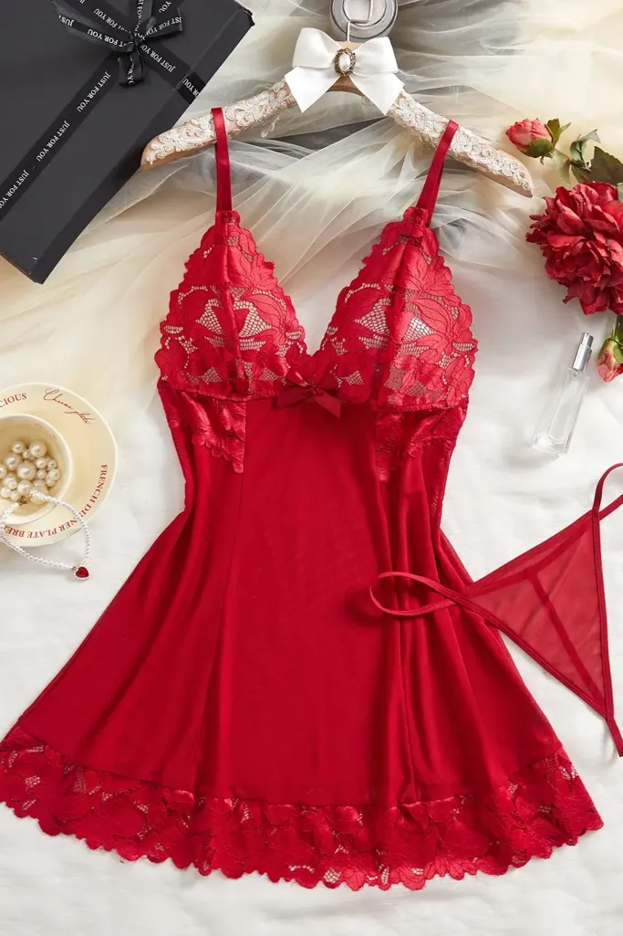 Red Lace V-Neck Babydoll - Image 1