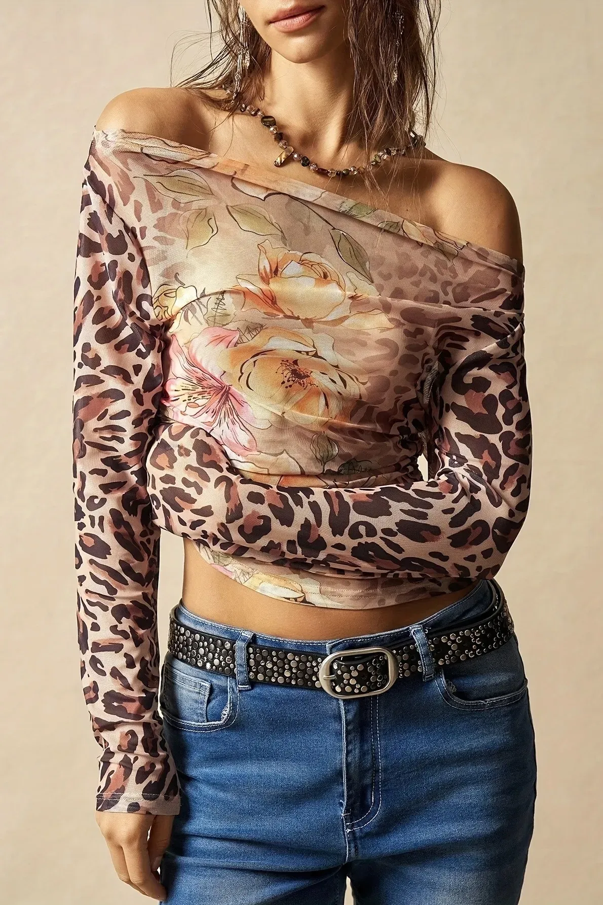 Brown Ruched Leopard Off-Shoulder Top - NEWME