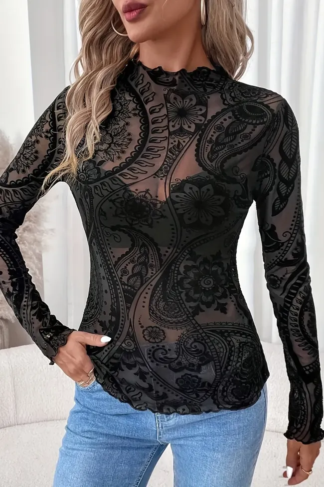Black High Neck Lace Top - NEWME