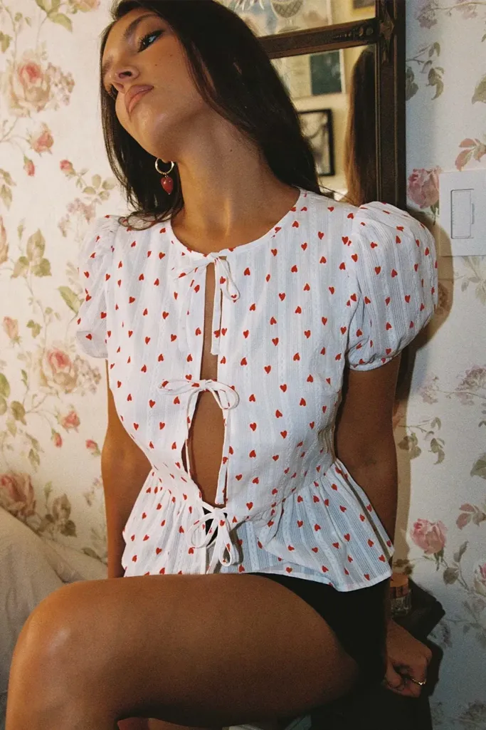 White Heart Print Tie-Up Top - Image 1