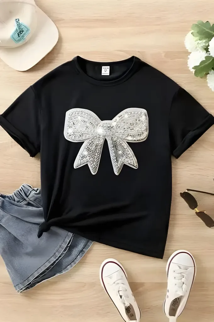 Black Bow Embellished T-Shirt - Image 1
