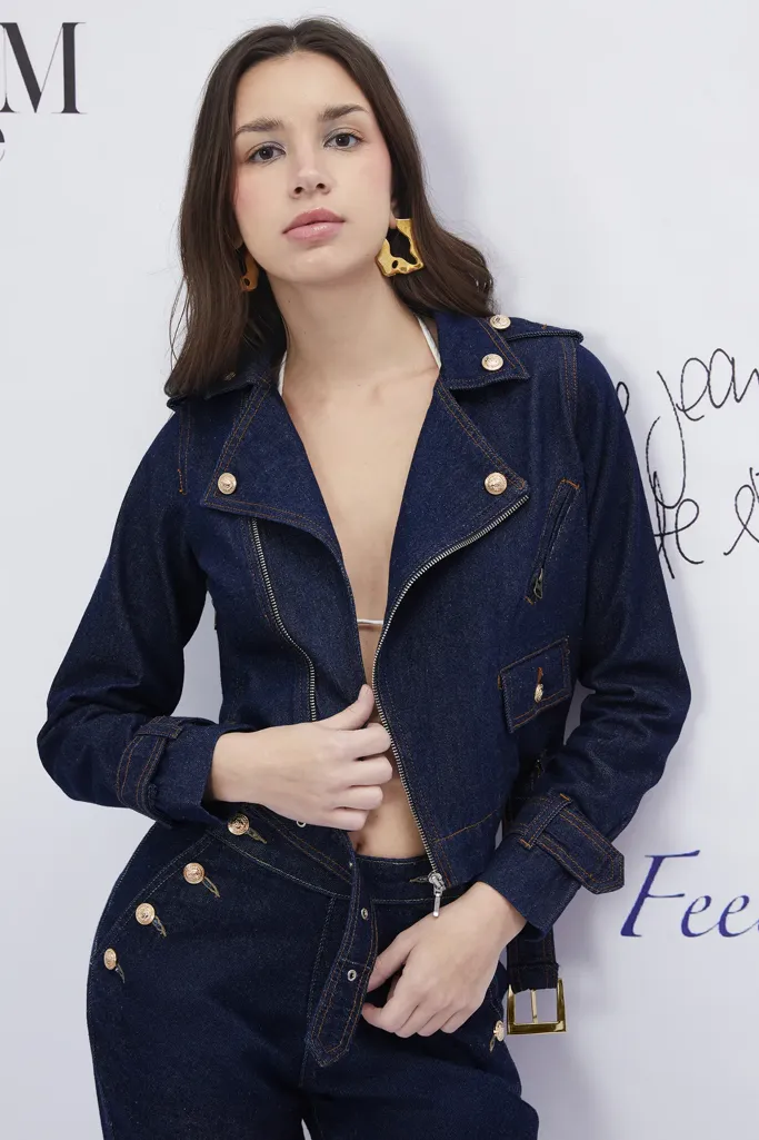 Navy Blue Lapel Collar Denim Jacket - Image 1