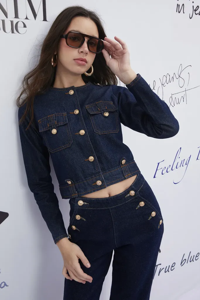 Navy Blue Buttoned Denim Jacket - Image 1