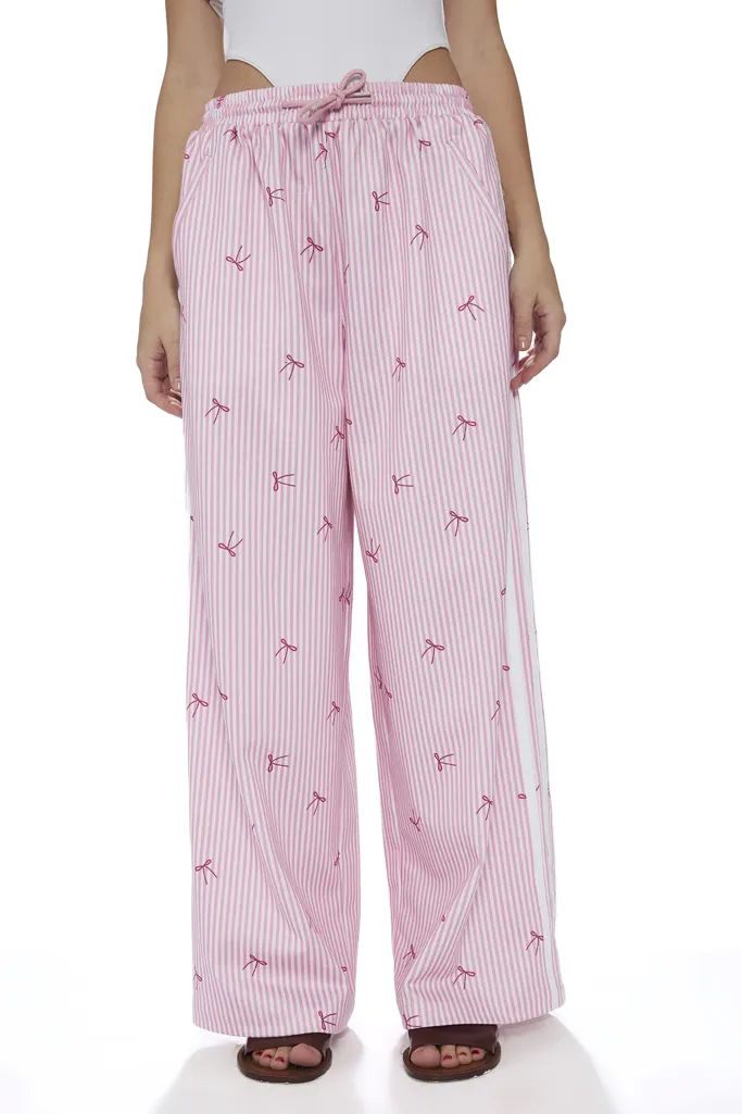 Pink Striped Mid Rise Drawstring Pants - Image 1