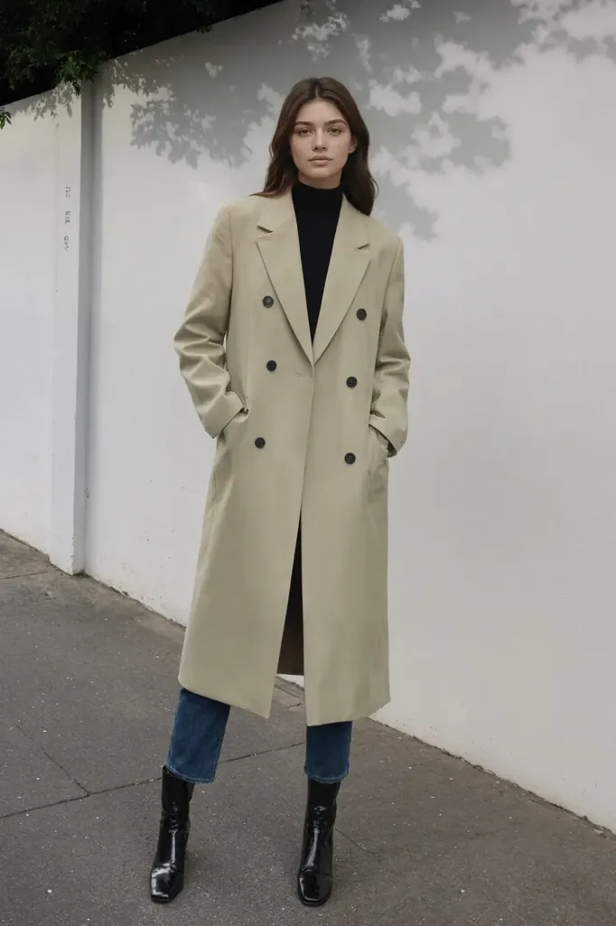 Beige Double-Breasted Lapel Collar Coat - Image 1