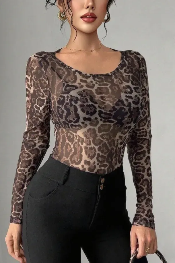 Brown Leopard Print Sheer Top - Image 1