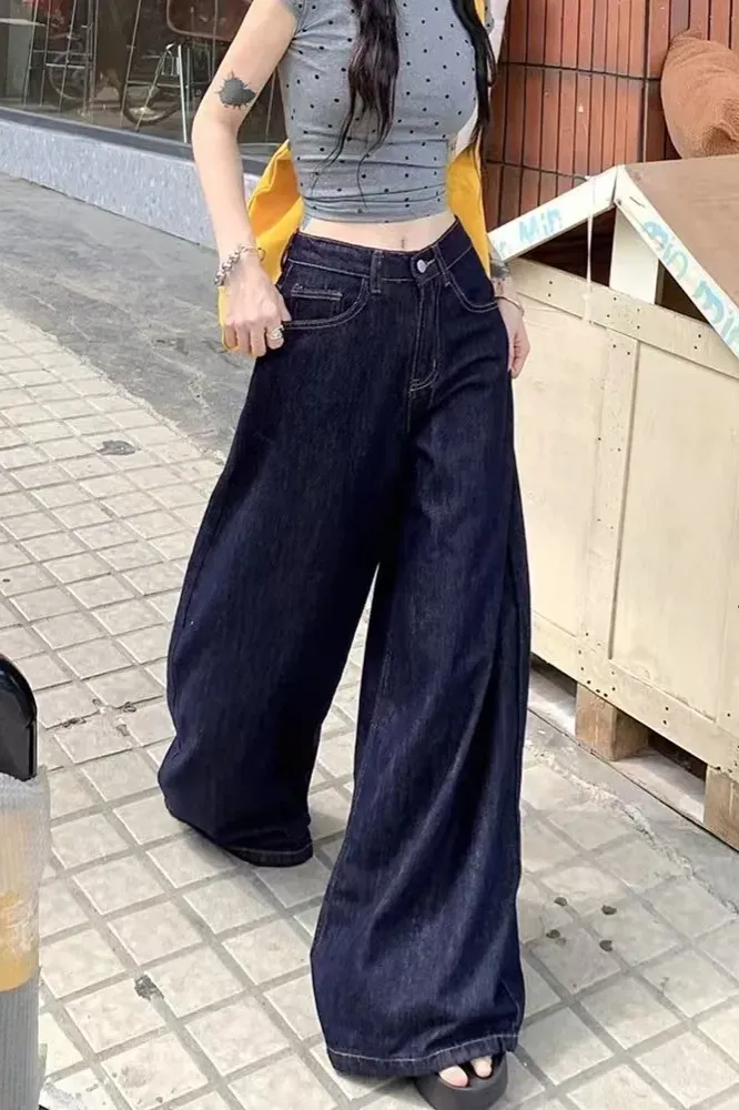 Dark Blue Mid Rise Wide Leg Jeans - Image 1