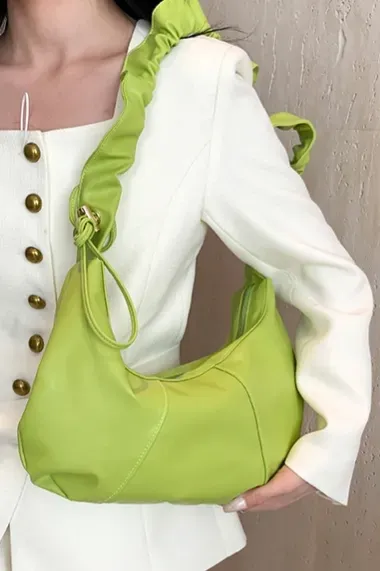 Green Solid Ruffled Hobo Bag - Image 1