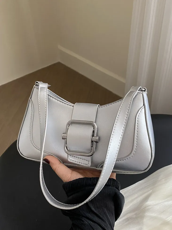 Silver Solid Buckle Shoulder Bag - Image 1