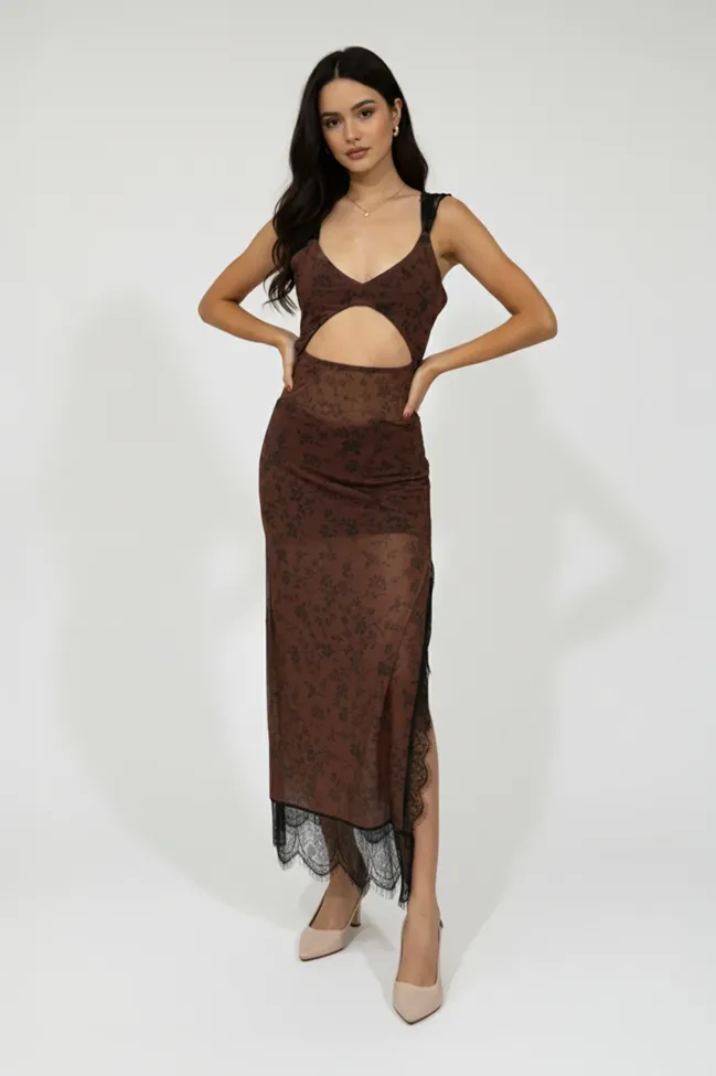 Brown Floral Cut Out Midi Dress - NEWME