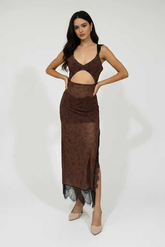 Brown Floral Cut Out Midi Dress - Image 1