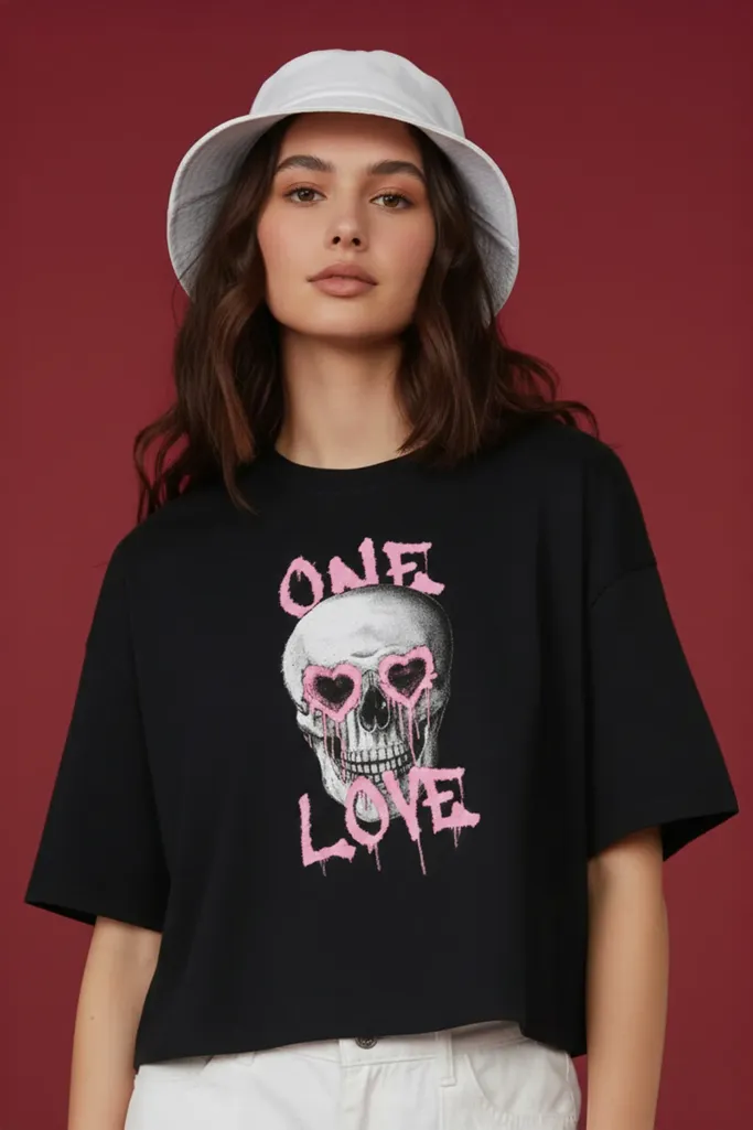 Black Graphic Print Crop T-Shirt - Image 1