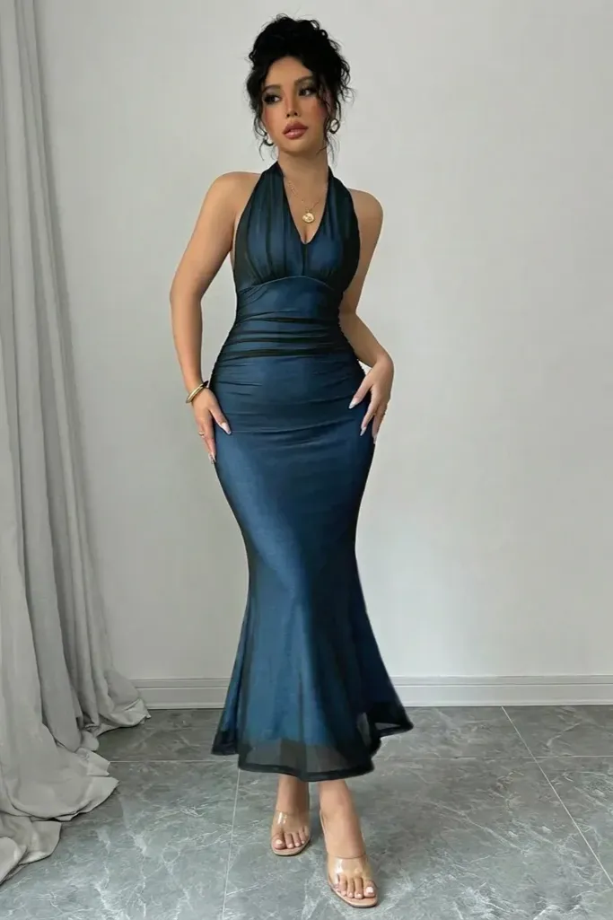 Dark Blue Backless Halter Midi Dress - Image 1