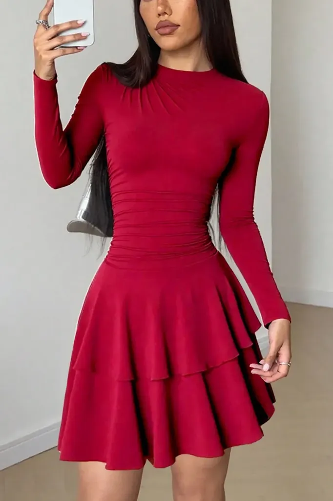 Red Ruched Tiered Mini Dress - Image 1