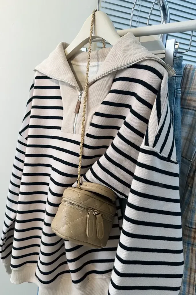 Cream Striped Zipper Collar Sweatshirt - Image 1