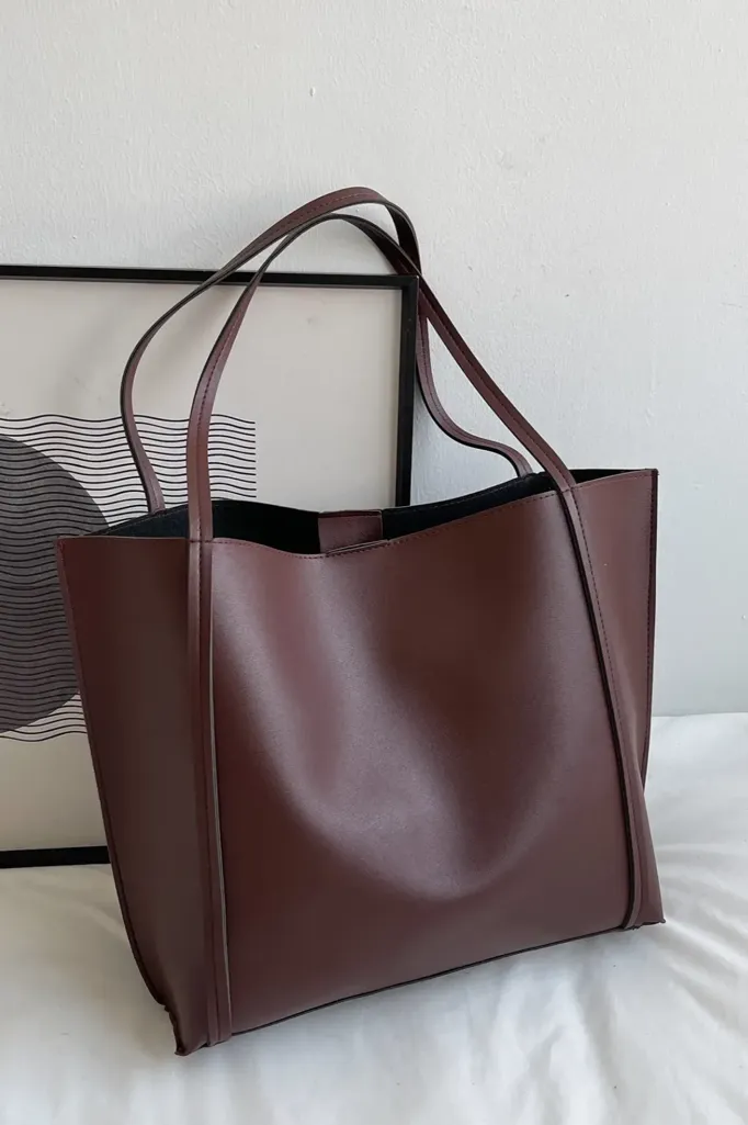 Dark Brown Pu Solid Tote Bag - Image 1