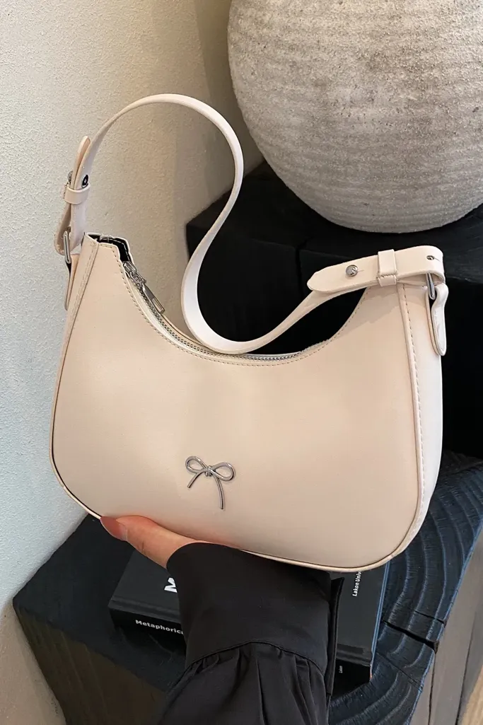 White Solid Bow Hobo Bag - Image 1