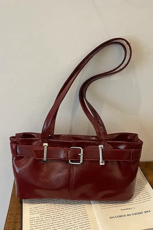 Wine Belted Pu Baguette Bag - Image 1
