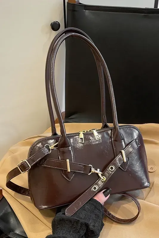 Dark Brown Pu Zipper Baguette Bag - Image 1