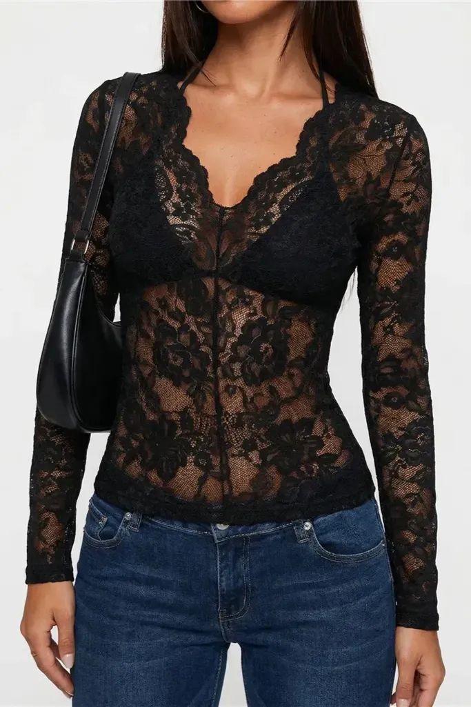 Black Lace Scallop Neck Top - Image 1