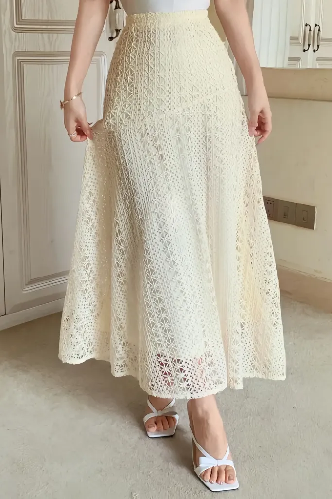 Cream High Rise Lace Maxi Skirt - Image 1