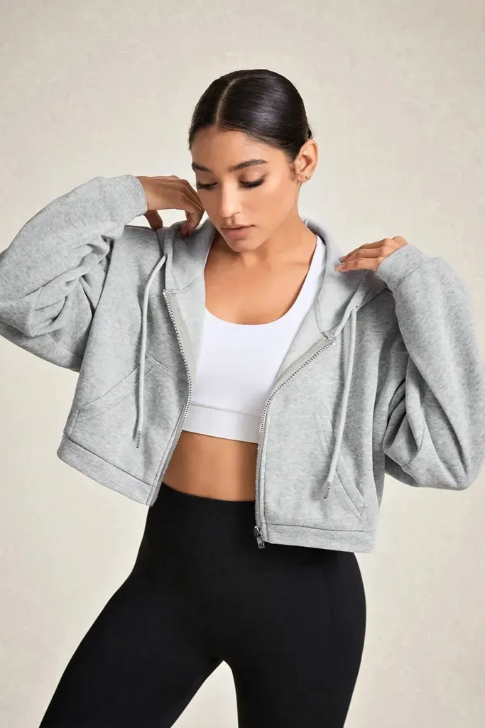Light Grey Hooded Crop Jacket - Image 1