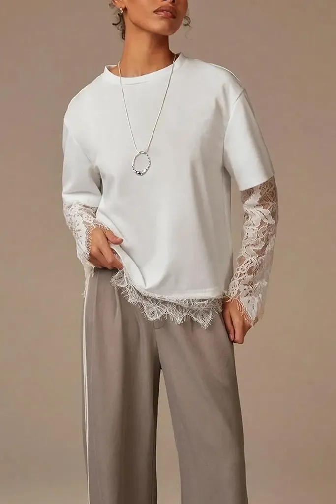 White Solid Lace Insert T-Shirt - Image 1