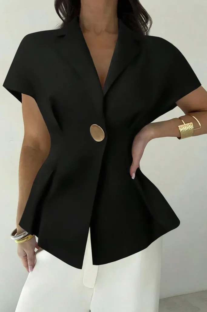Black Solid Lapel Collar Shirt - Image 1