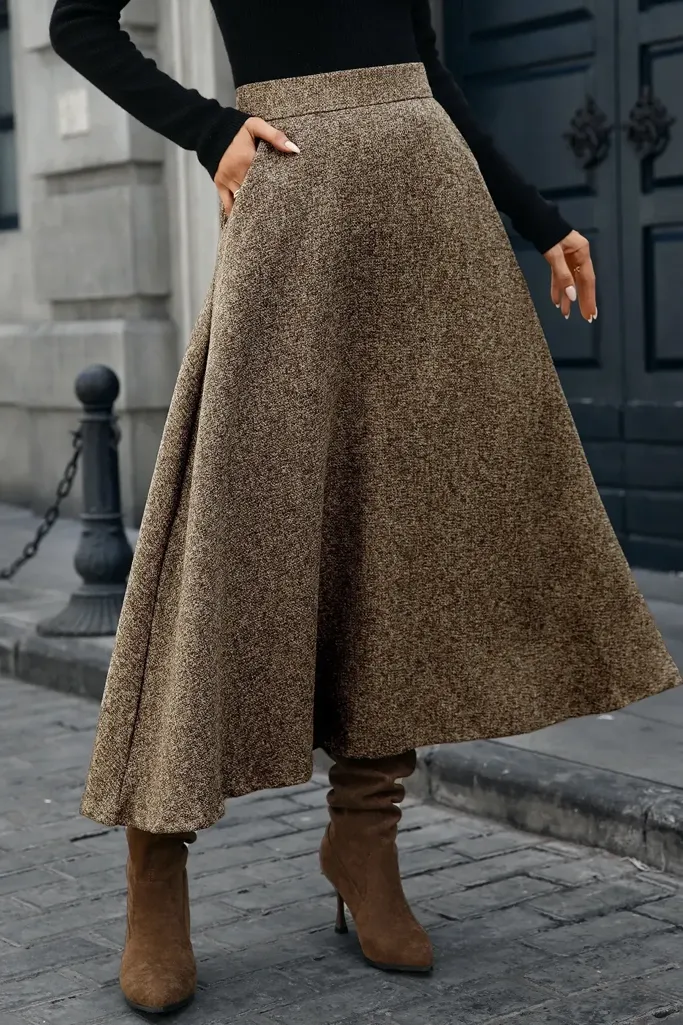 Light Brown High-Rise A-Line Midi Skirt - Image 1