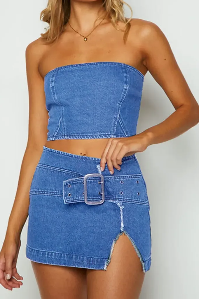 Blue Denim Tube Neck Mini Co-Ord Set - Image 1
