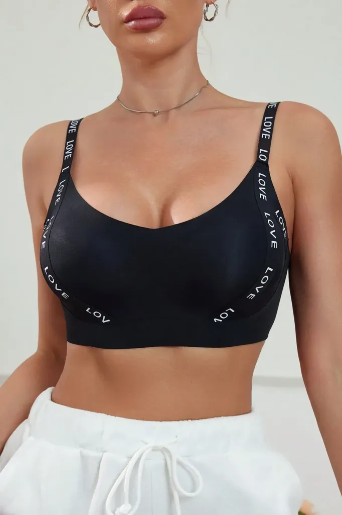 Black Scallop Neck Typography Bra - Image 1