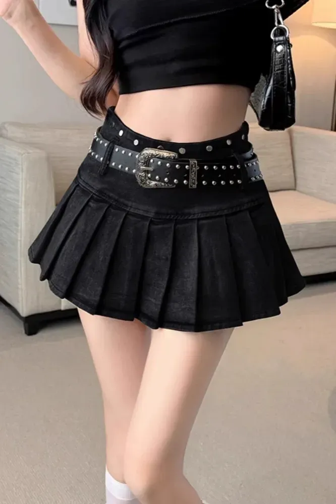 Black Belted Denim Skater Skirt - Image 1
