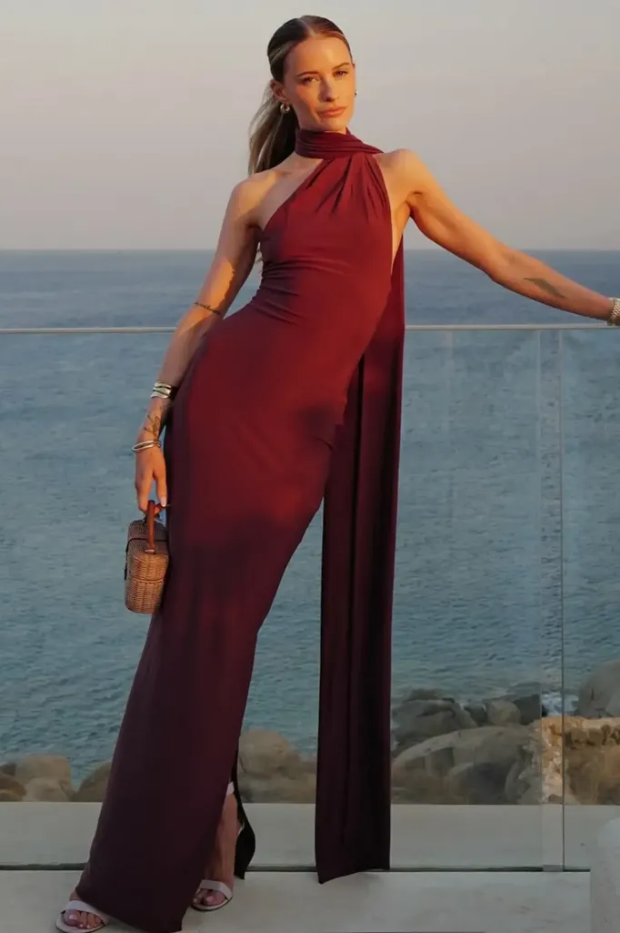 Maroon Solid Slit Maxi Dress - Image 1