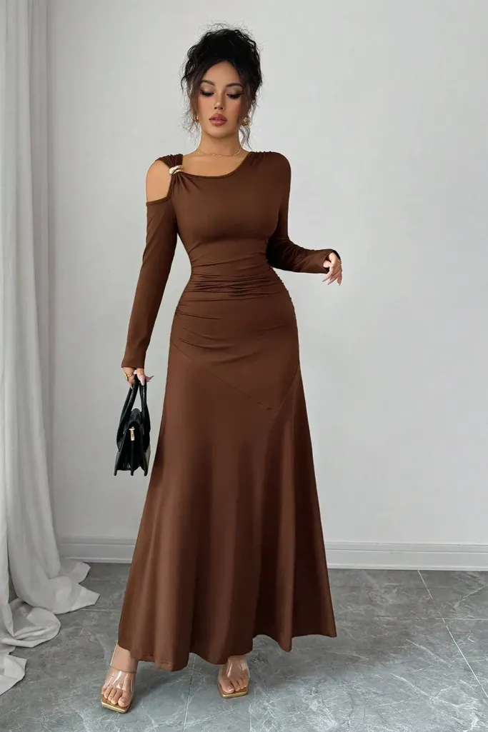 Brown One Shoulder Ruched Maxi Dress - Image 1