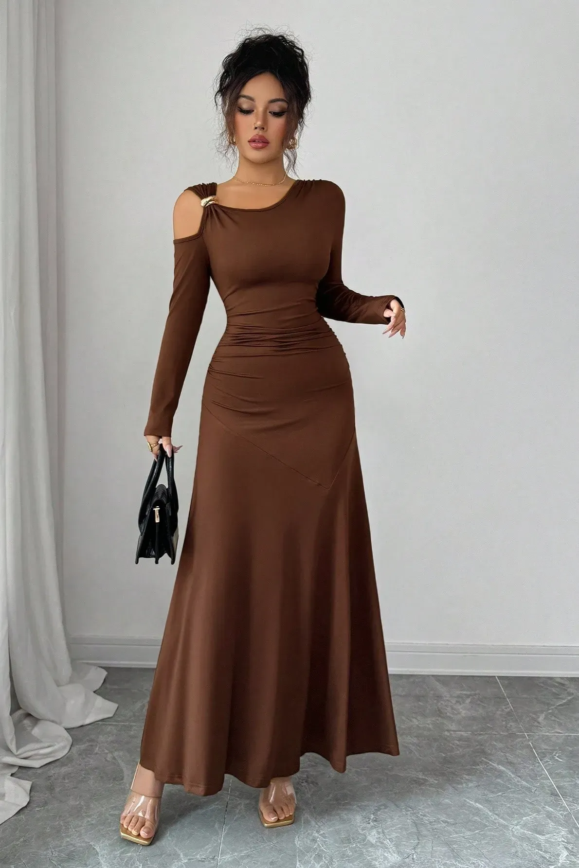 Brown One Shoulder Ruched Maxi Dress