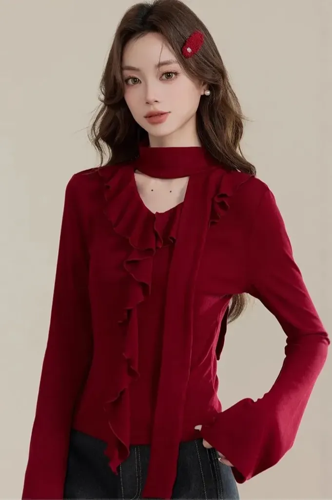 Red Choker Ruffled Top - Image 1