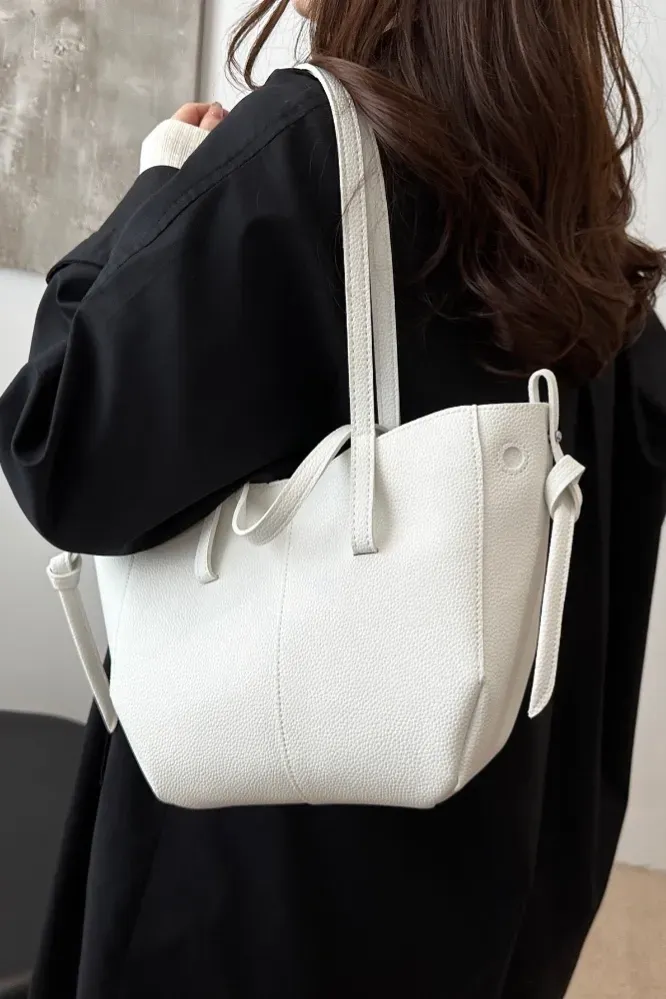 White Solid Pu Tote Bag - Image 1