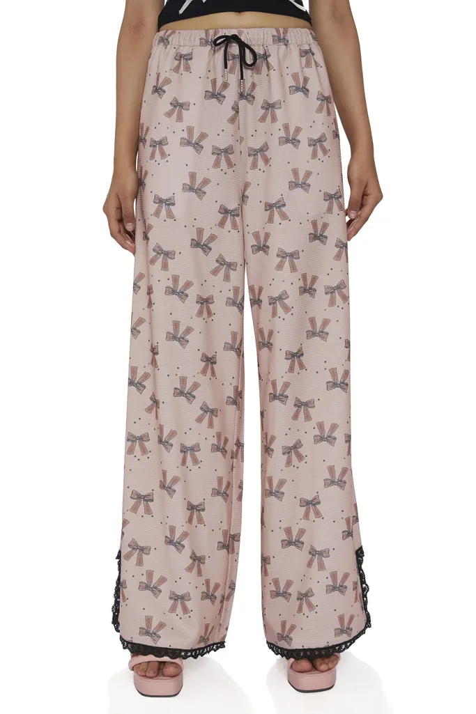 Light Pink Bow Printed Mid Rise Pants - Image 1