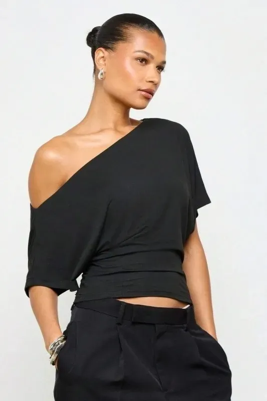 Black Solid One Shoulder Top