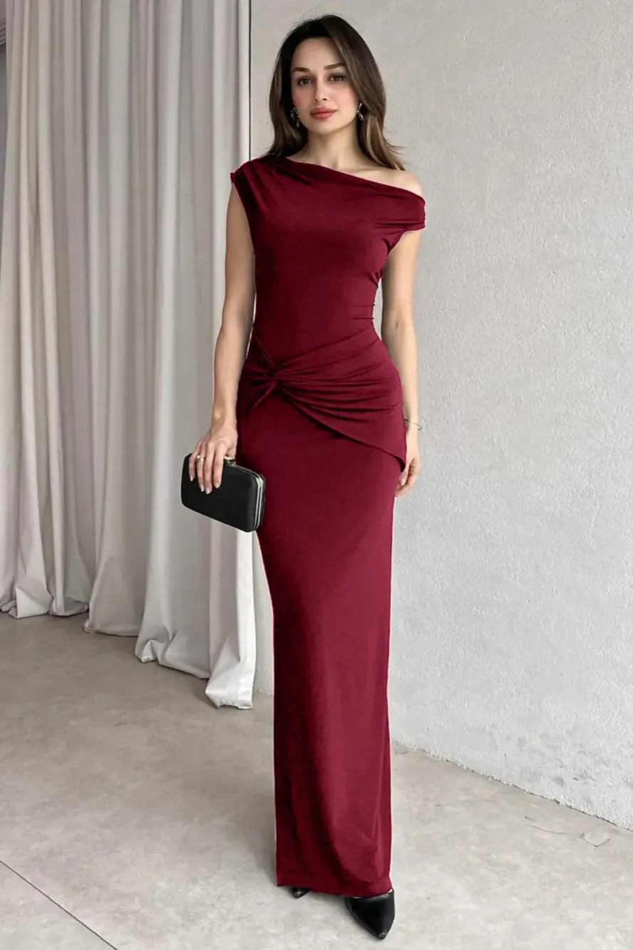 Maroon One Shoulder Ruched Maxi Dress - NEWME