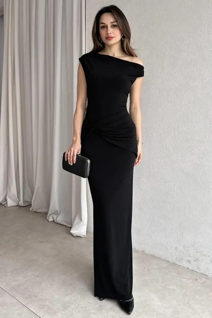 Black One Shoulder Ruched Maxi Dress - Image 1