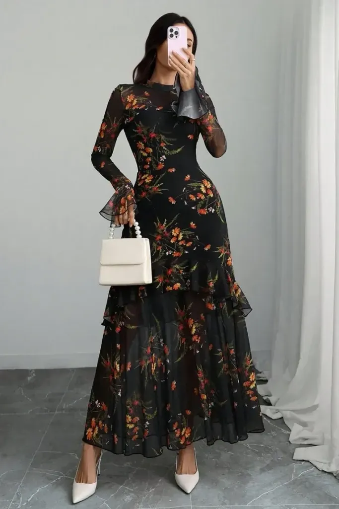 Black Floral Tiered Maxi Dress - Image 1