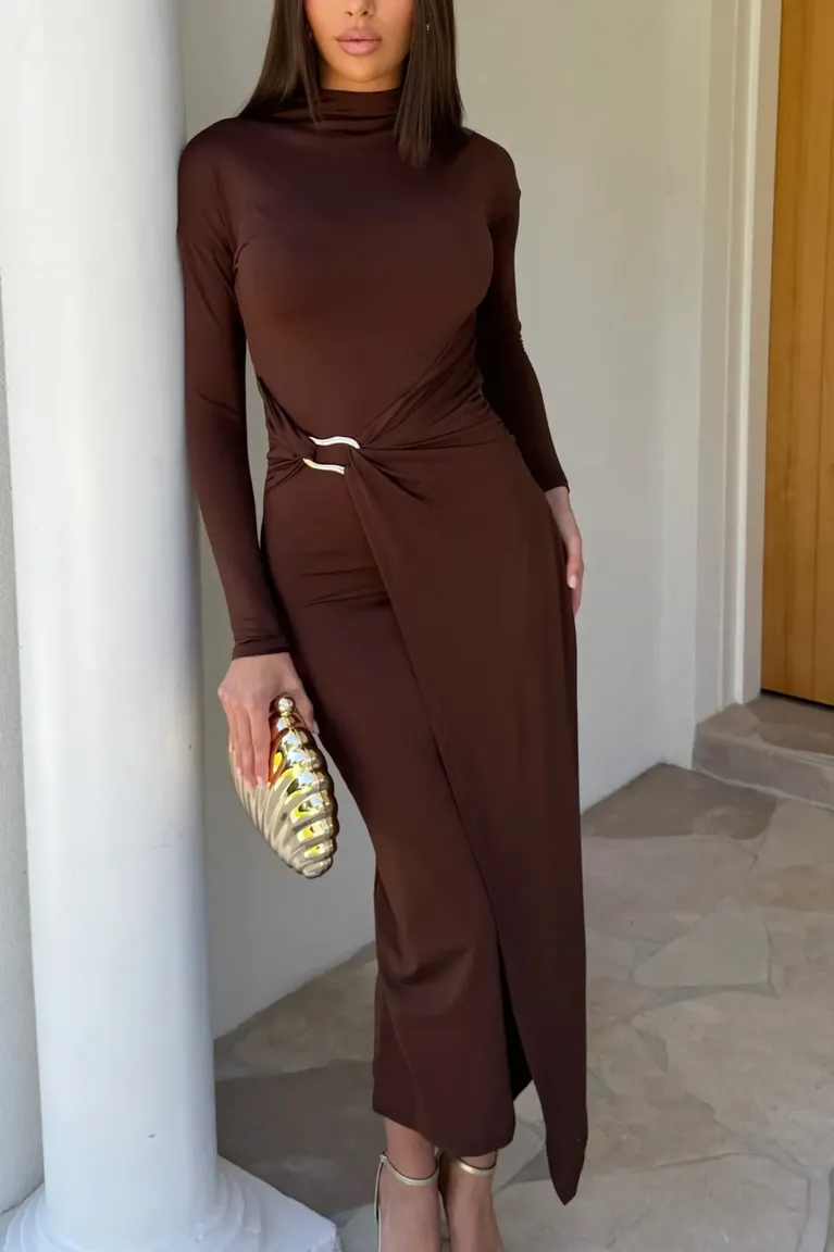 chinese dress ladies Iris Long Sleeve Satin Maxi Dress / Dark Chocolate | Meshki main image 1