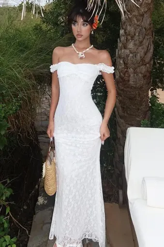 White Off Shoulder Lace Maxi Dress - NEWME
