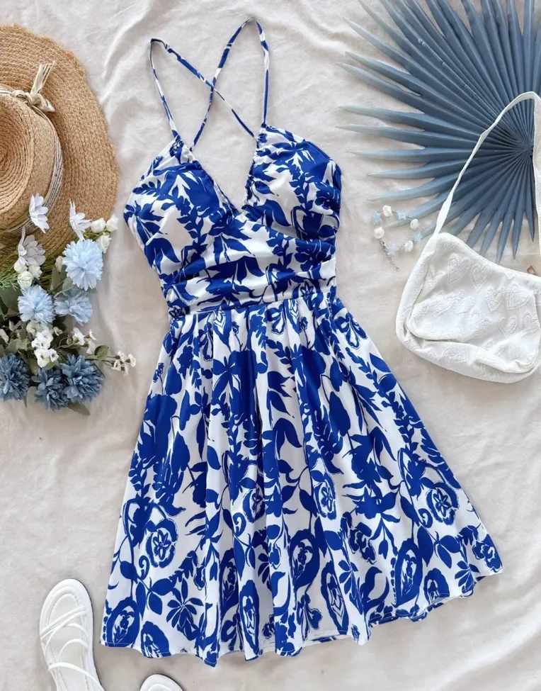 Blue Floral Printed Mini Dress - Image 1