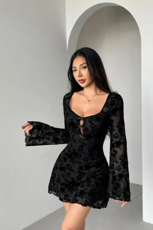 Black Scoop Neck Lace Mini Dress - NEWME