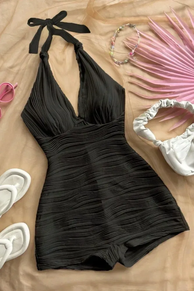 Black Solid Halter Neck Playsuit - Image 1