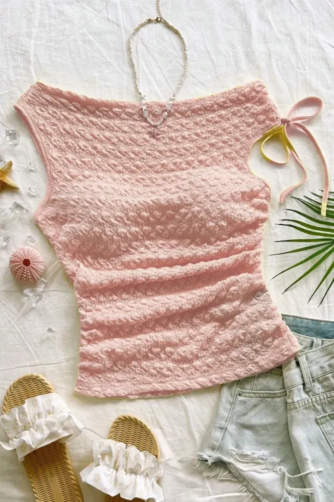Light Pink Textured One-Shoulder Top - Image 1